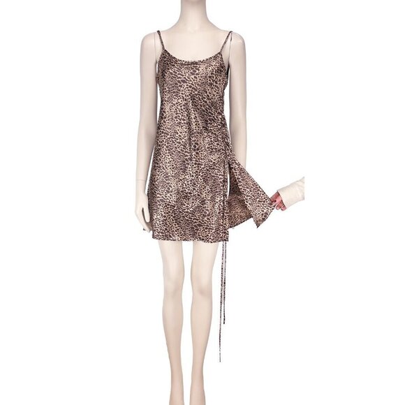 LA VIE EN ROSE‎ Cheetah Leopard Print Side Slit Satin Slip Night Mini Dress Sz L - Picture 1 of 6